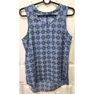 Sleeveless Blue Floral Blouse Tank Front Pocket Womens Size Medium